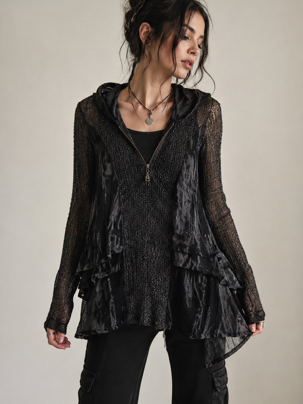 Y2K Sheer Mesh Hooded Zip Cardigan Fairy Grunge Gothic Boho Layering Top